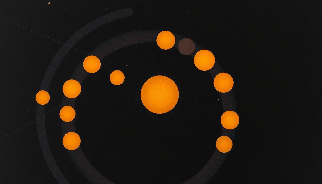 An abstract, geometric painting in the style of Hilma af Klint, depicting a cluster of glowing, fading orbs against a dark night sky, representing the mysterious aerial phenomenon captured on video.