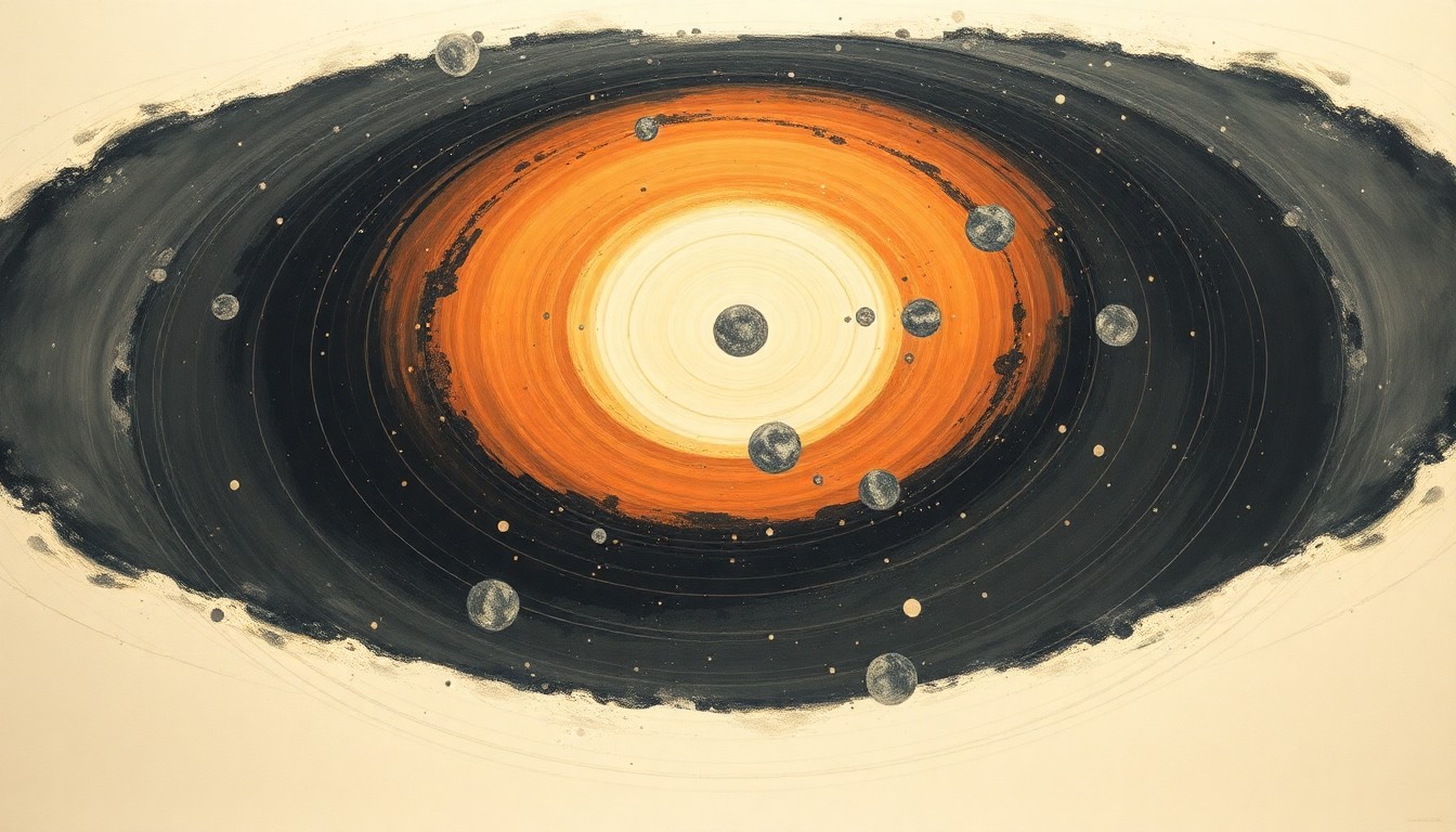 A bold, abstract painting in soft, flat colors depicting the complex trajectory and interstellar origins of comet 3I/ATLAS as it approaches the inner solar system, with sweeping geometric arcs, concentric planetary circles, and precise botanical or physical spirals conveying the structural order of the universe.