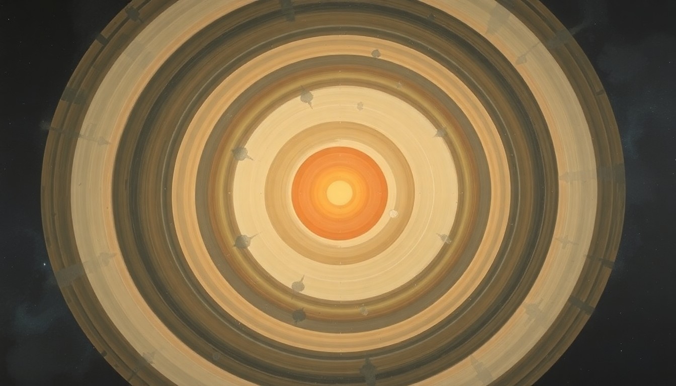 An abstract, highly structured painting in soft, flat colors featuring sweeping geometric arcs, concentric planetary circles, and precise botanical spirals, conceptually representing the complex forces and concepts of space exploration.