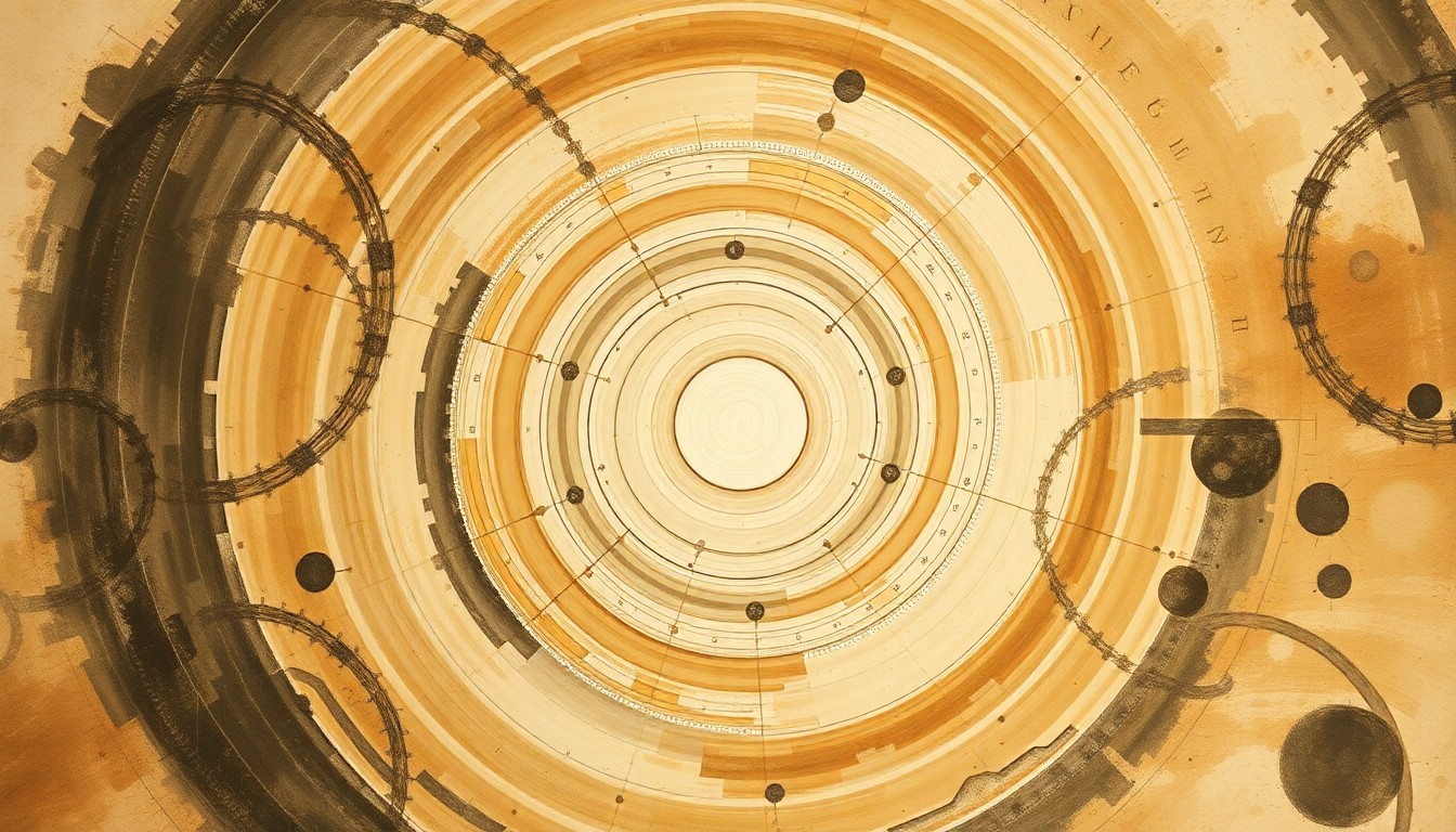 A bold, abstract painting in the style of Hilma af Klint, featuring sweeping geometric arcs, concentric circles, and precise spirals in earthy tones, representing the complex forces and structures of the early universe as observed by the SPHEREx observatory.