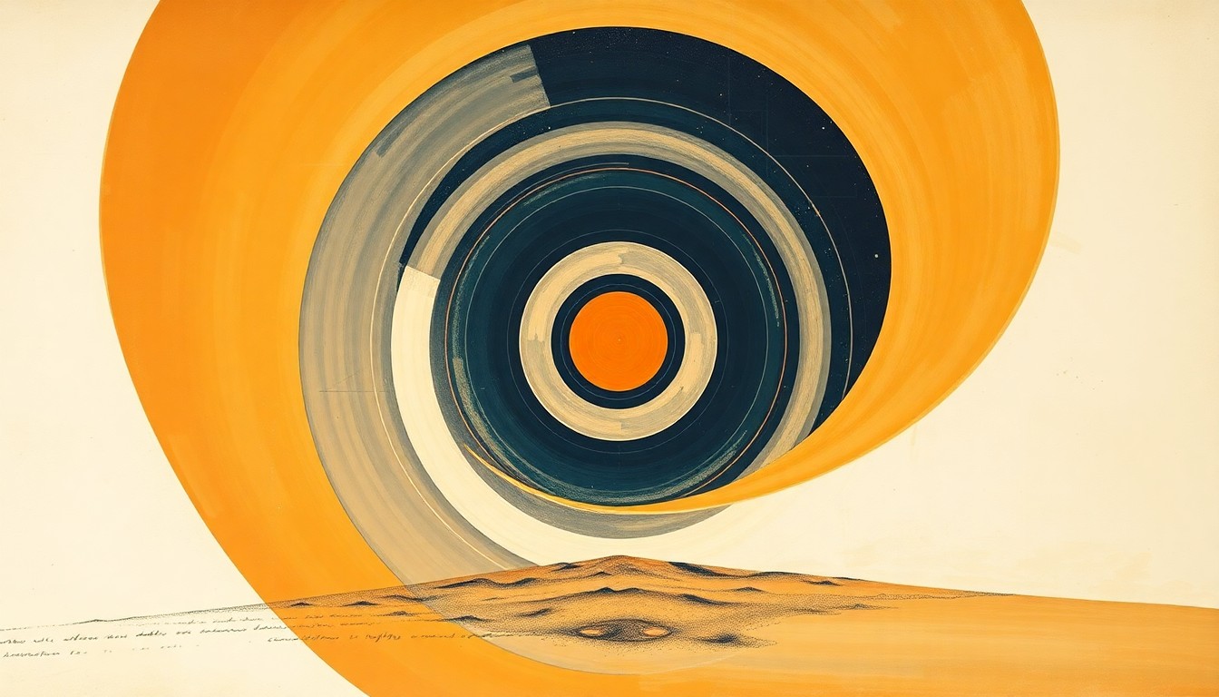 A bold, abstract painting in the style of Hilma af Klint, featuring sweeping geometric arcs, concentric circles, and precise spirals in earthy tones of ochre, sienna, and indigo, representing the structural order of the universe observed by the Fred Young Submillimeter Telescope in Chile's Atacama Desert.