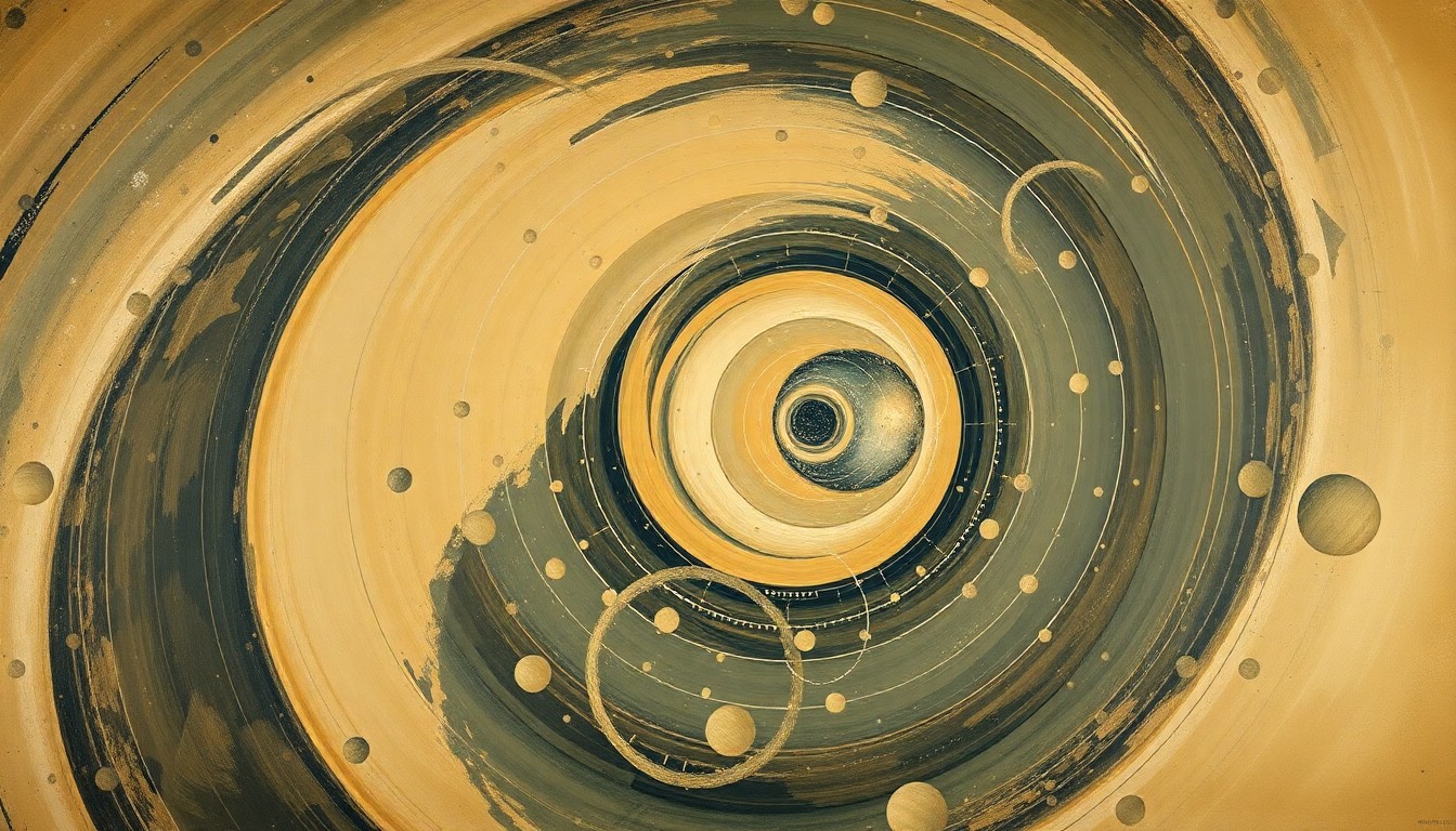 An abstract painting in soft, earthy tones featuring sweeping geometric arcs, concentric planetary circles, and precise botanical spirals, representing the Ursid meteor shower and Comet 24P/Schaumasse in a visually striking, scientific manner.