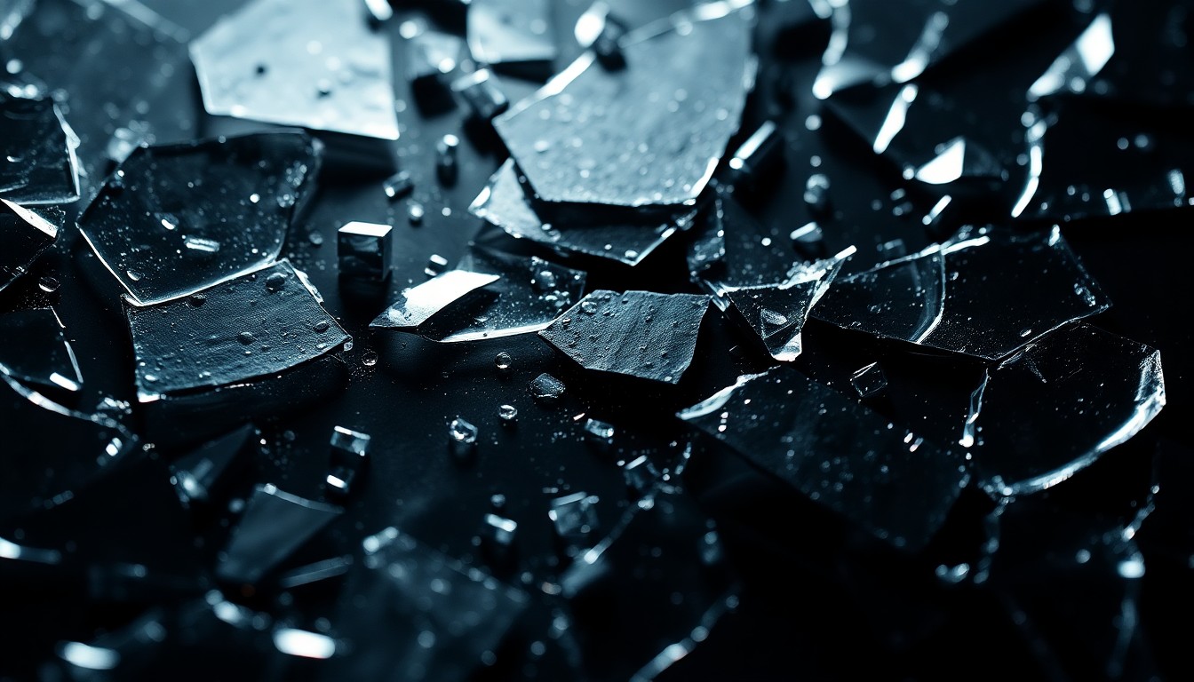 An extreme close-up of shattered glass and metallic surfaces, reflecting a faint red glow, conceptually representing the gritty, high-tech aesthetic of the Alien franchise.