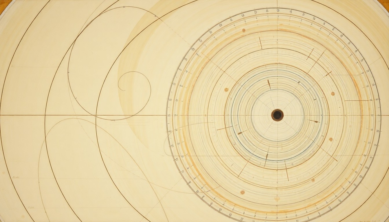 A highly structured abstract painting in muted earth tones, featuring sweeping geometric arcs, concentric circles, and precise botanical spirals, conveying the complex scientific forces and concepts behind the alleged alien propulsion system powered by Element 115.