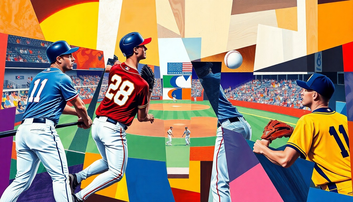 A fractured, multi-perspective painting in the style of Pablo Picasso, breaking a baseball game down into sharp, overlapping geometric planes of vibrant colors representing the Vikings and Comets' uniforms, with players' forms deconstructed into abstract shapes.