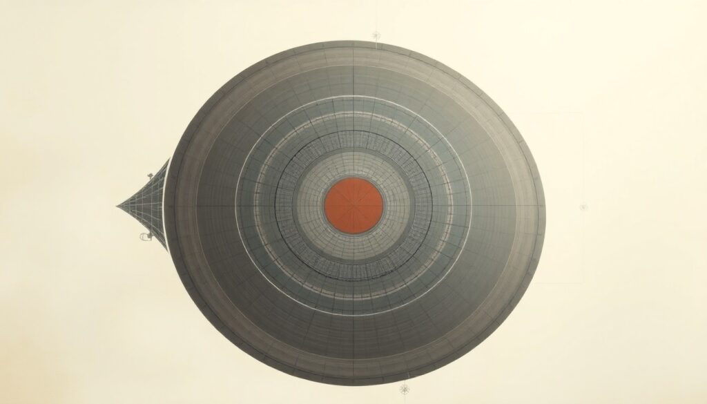 A bold, abstract painting in soft blues, greens, and grays depicting the geometric form of an experimental airship, with sweeping curved lines and precise structural elements, conveying the innovative design and technology behind this new class of lighter-than-air vehicle.