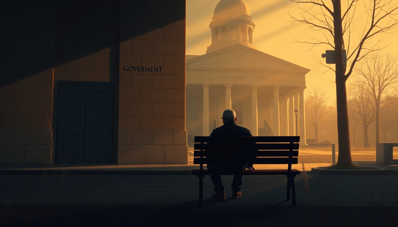A realistic oil painting depicting a lone figure sitting on a bench outside a nondescript government building, the scene bathed in warm, dramatic lighting that casts deep shadows, conveying a sense of isolation and the complex social issues surrounding homelessness and immigration.