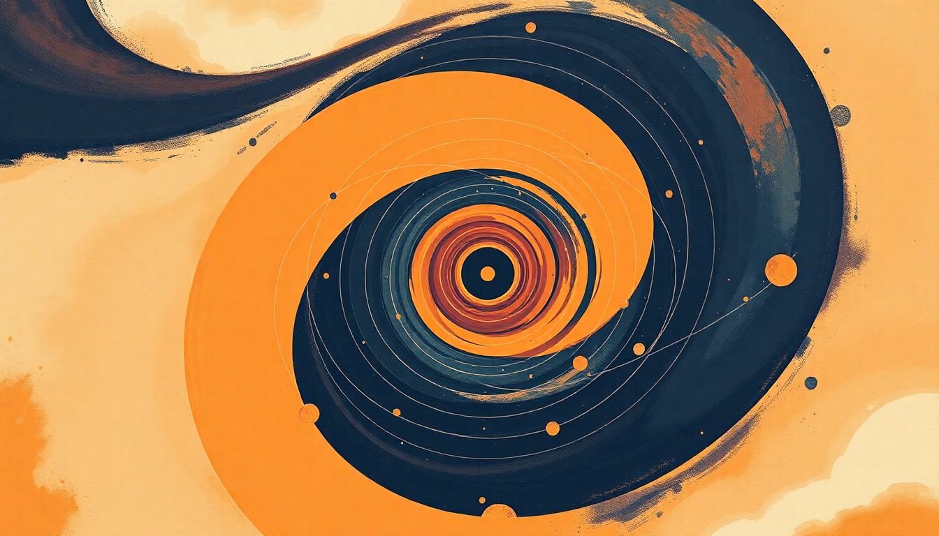 A highly textured, abstract painting in earthy tones depicting the large-scale structure of the observable universe through sweeping geometric forms and precise astronomical spirals, conveying the complexity and grandeur of the cosmos.