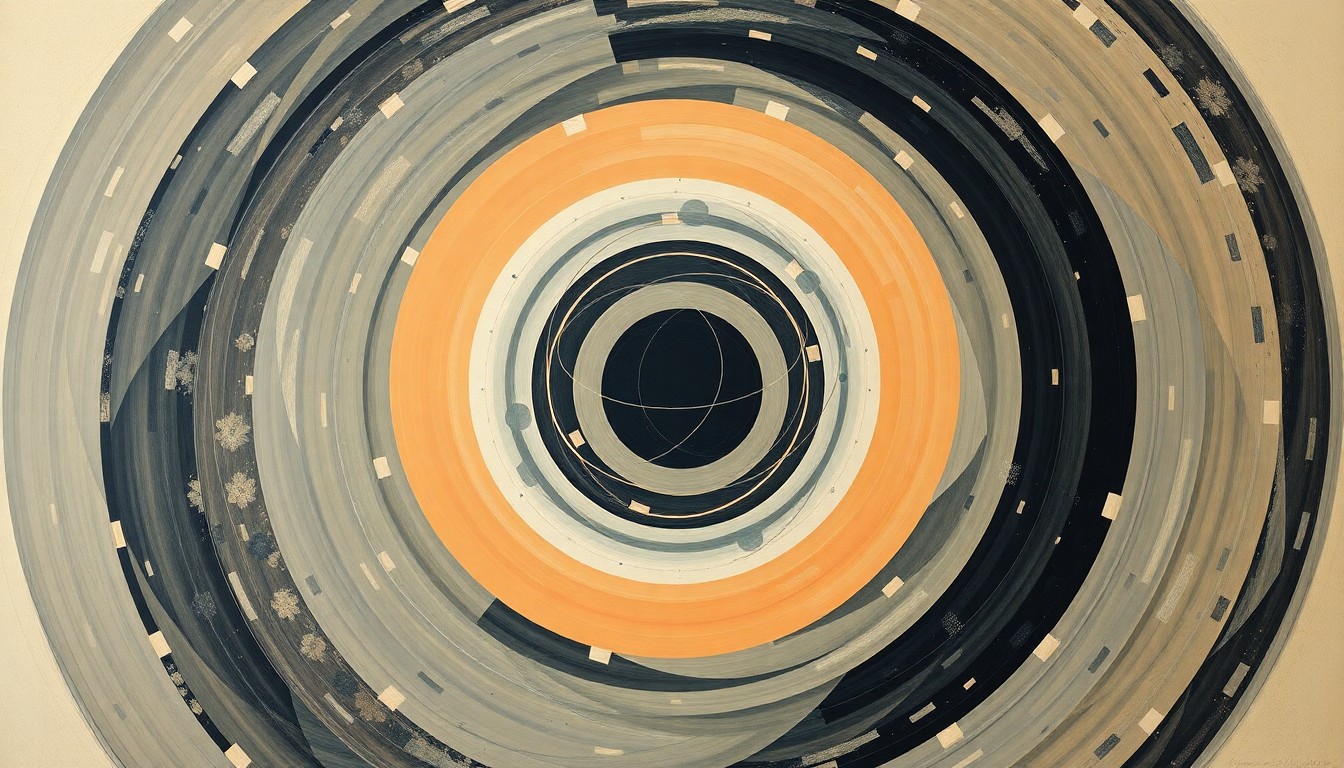 A vibrant abstract painting in soft blues, greens, and purples, featuring sweeping geometric arcs, concentric circles, and precise spirals, conceptually representing the complex scientific forces and mysteries surrounding unidentified aerial phenomena.