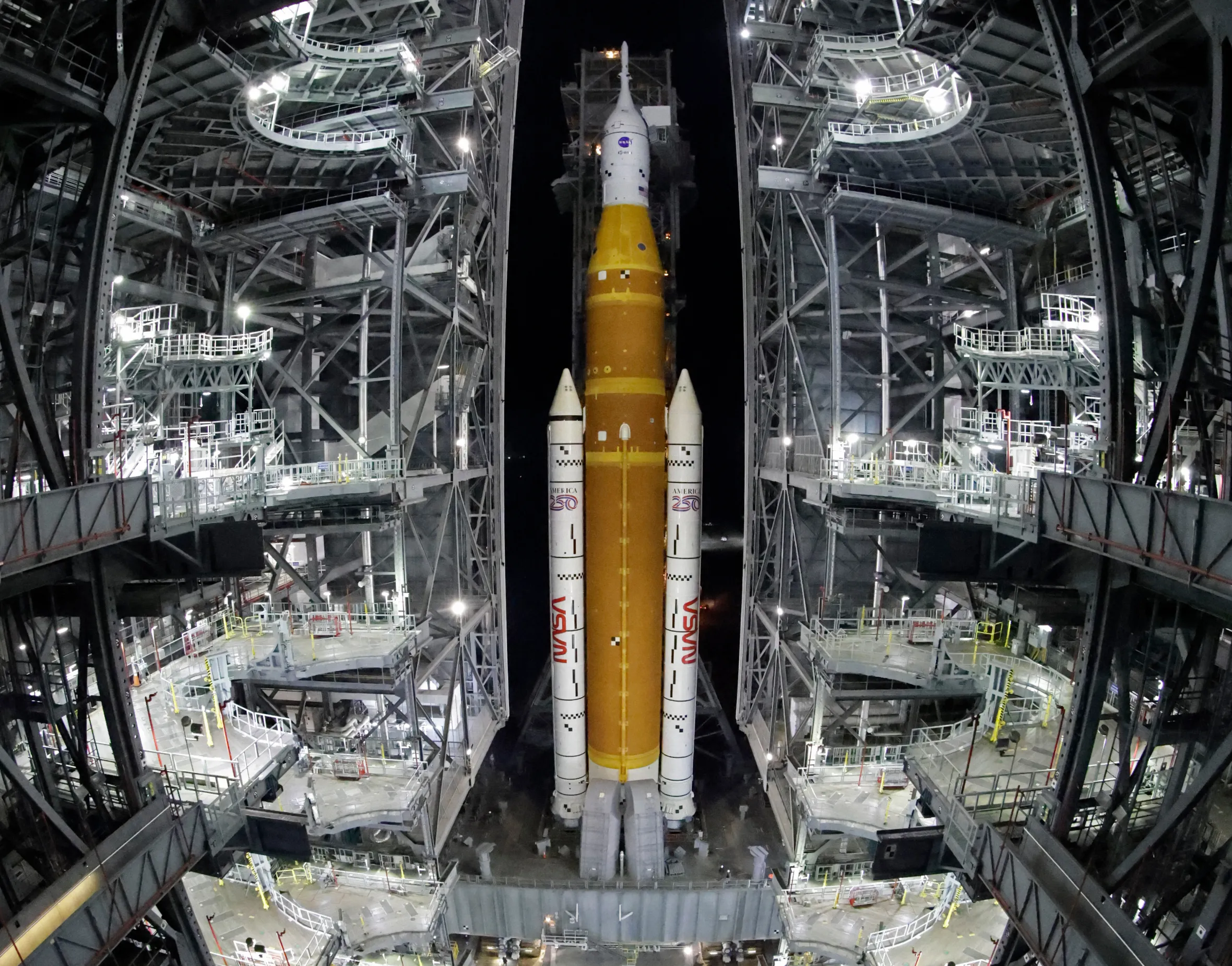 The NASA Artemis II rocket with the Orion spacecraft in the Vehicle Assembly Building.