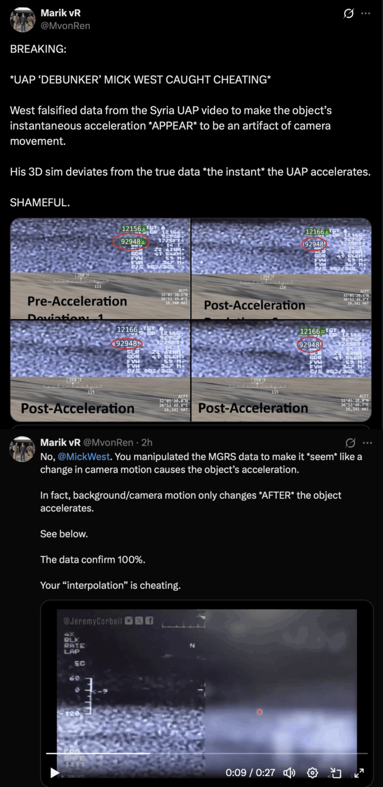 Journalist MarikVR accuses debunker Mick West of falsifying data from the Syria UAP video to make the UAP's instantaneous acceleration appear to be an artifact of camera movement.