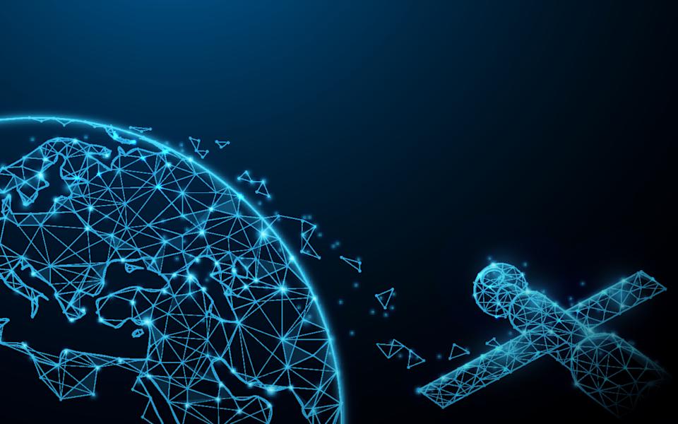 A satellite in space connected to the Earth.