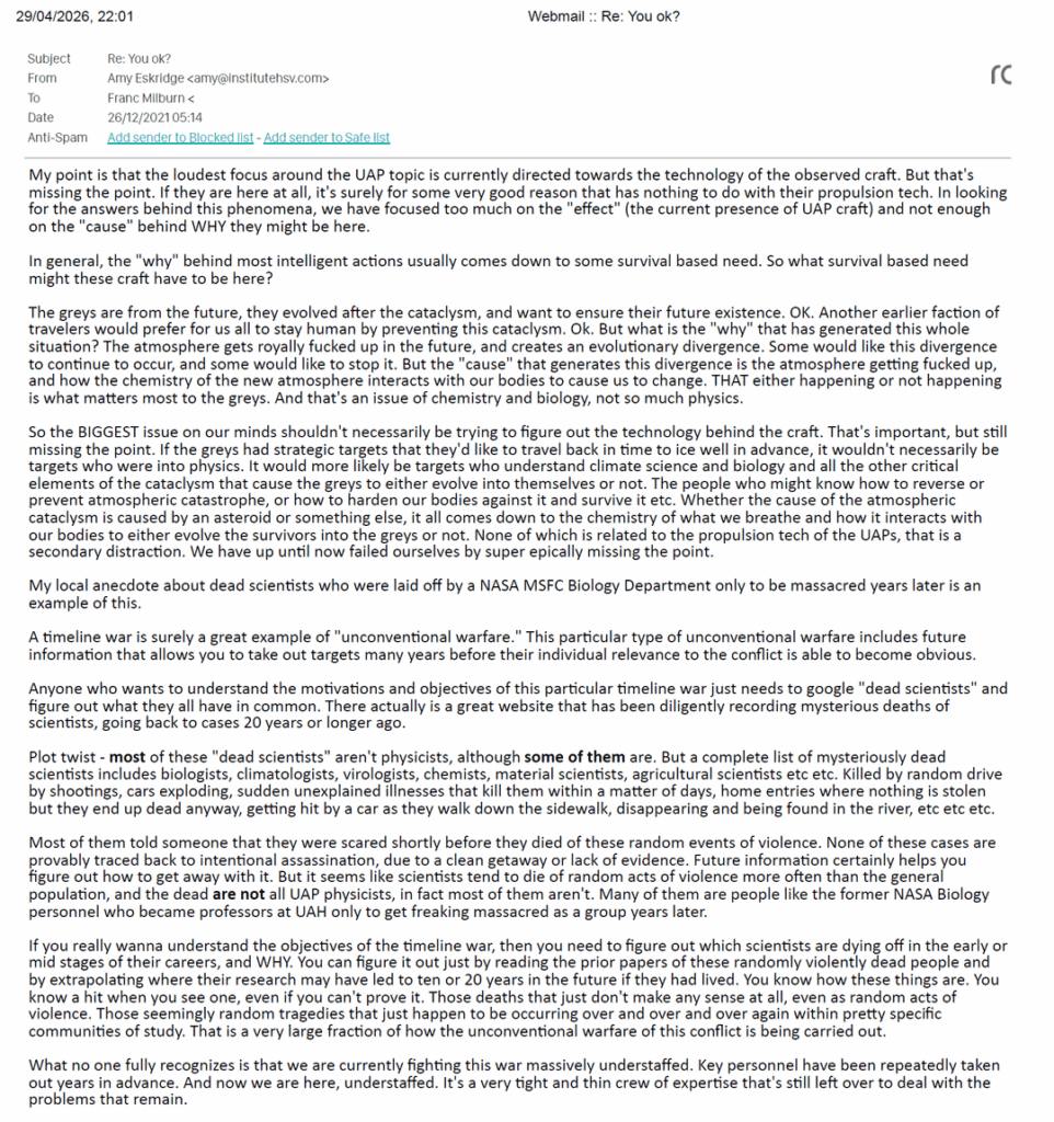 Serious: Amy Eskridge's emails mentioning deceased UFO researcher Mark McClandish who also died by "suicide"