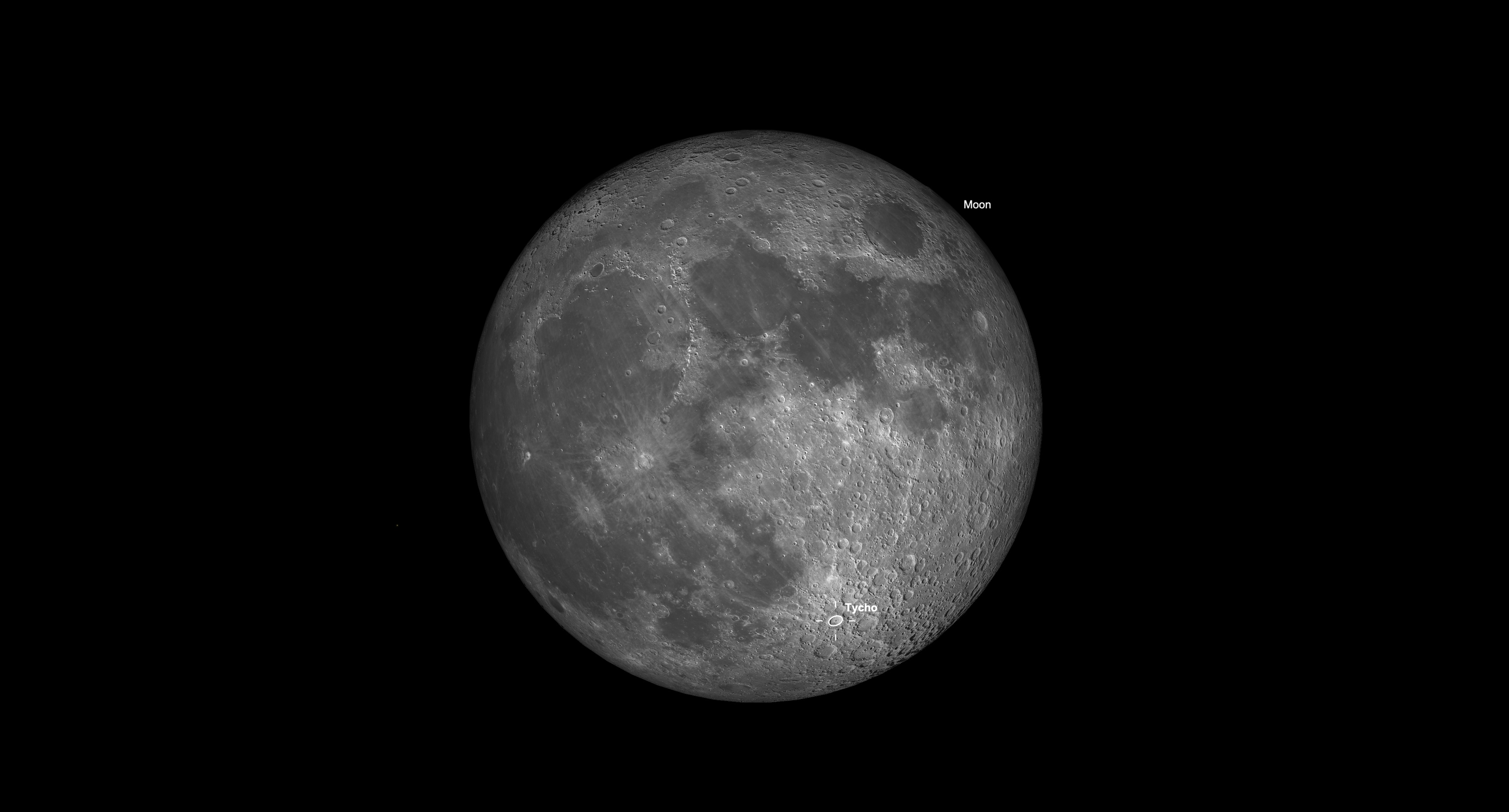 A grey full moon is pictured in a black sky with dark lunar seas marking its surface.