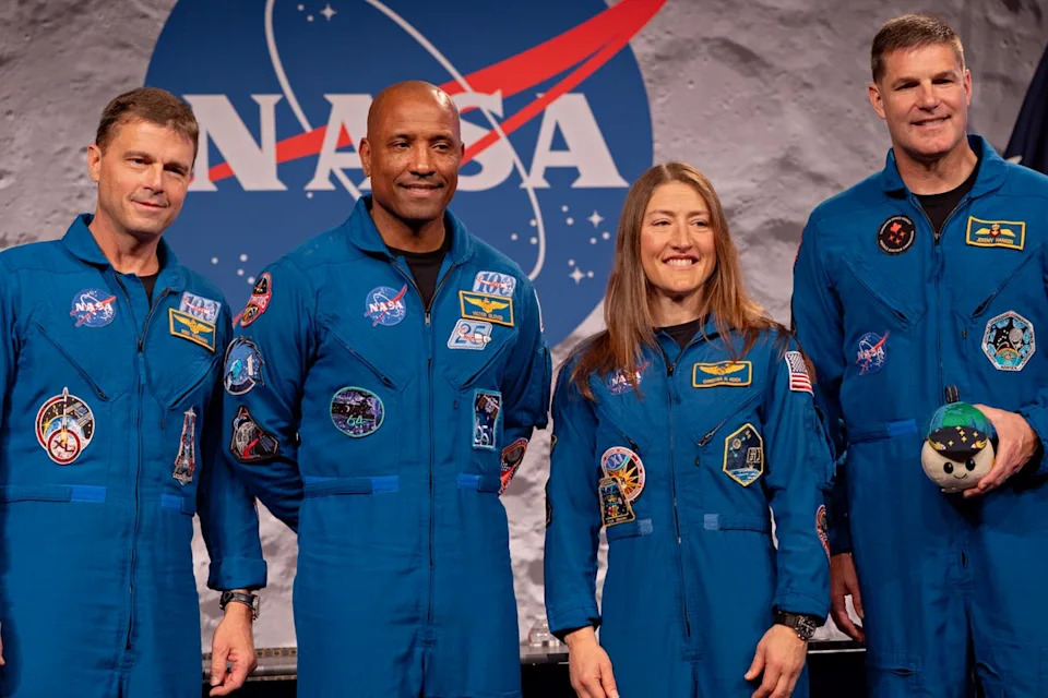 Artemis II commander Reid Wiseman, pilot Victor Glover, mission specialist Christina Koch, and mission specialist Jeremy Hansen at the NASA Johnson Space Center on 16 April, 2026 in Houston, Texas (Getty)