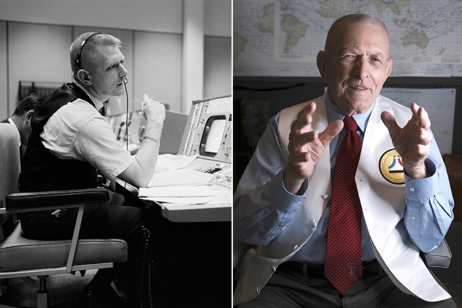 Gene Kranz at Mission Control in 1965 and Kranz in 2022