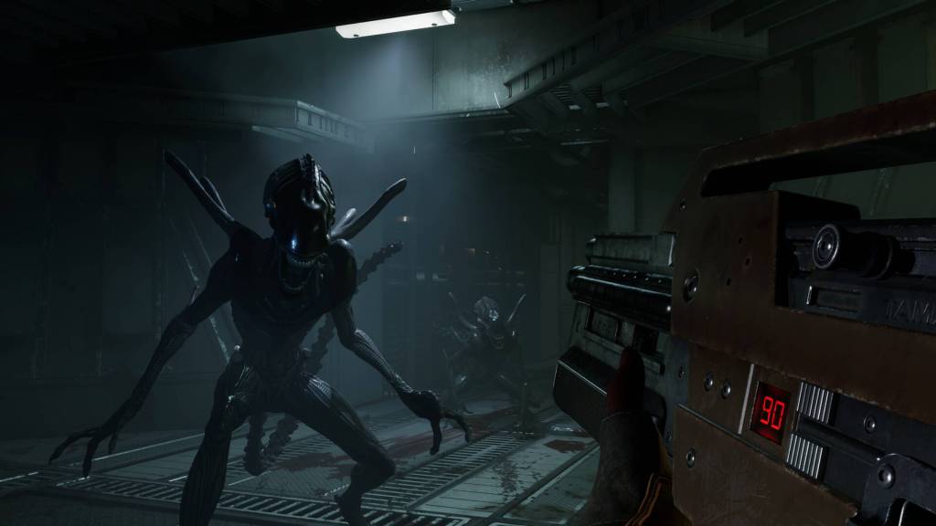 The player aiming at a group of aliens in Alien Rogue Incursion.