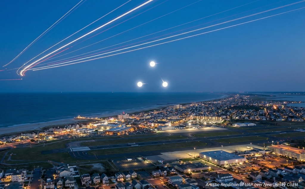 rendering of unidentified aerial phenomena over the coast of New Jersey