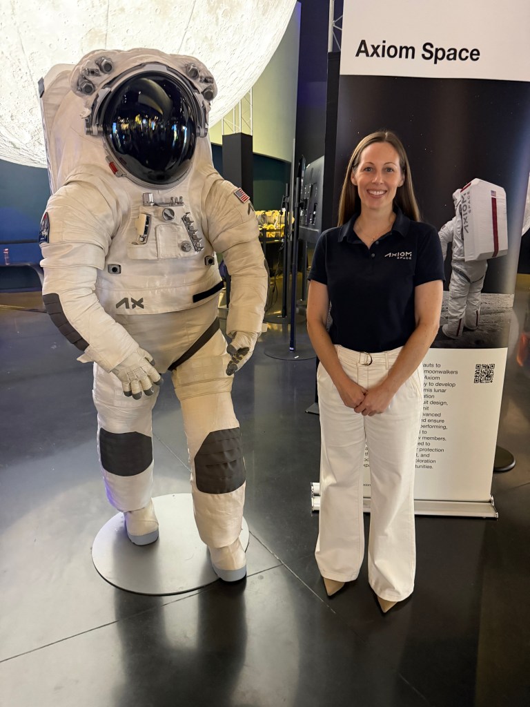 Tammy Radford, Axiom’s xEVAS Program Manager with the AxEMU space suit. Photo: Charles Boyer
