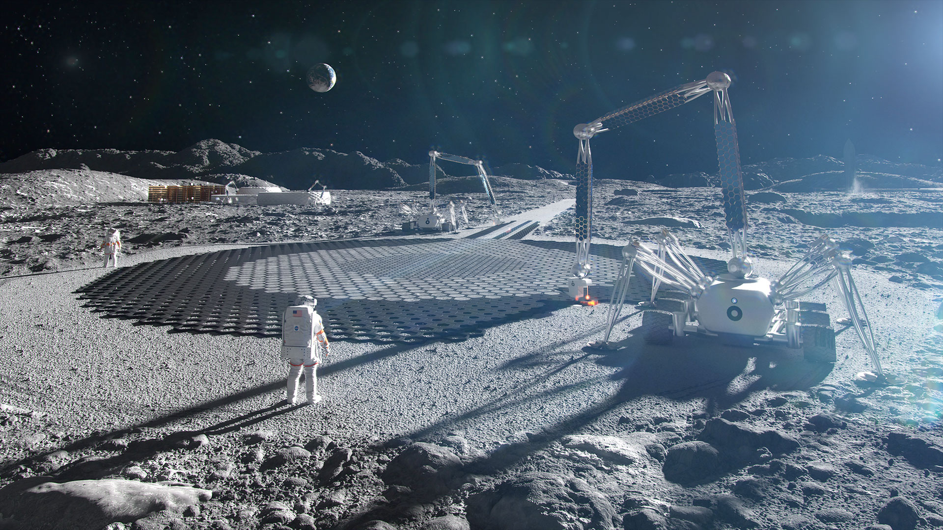 an artist's rendering of a NASA Artemis moon base with development underway. An astronaut stand on the gray dirt. The Earth is seen in the sky.