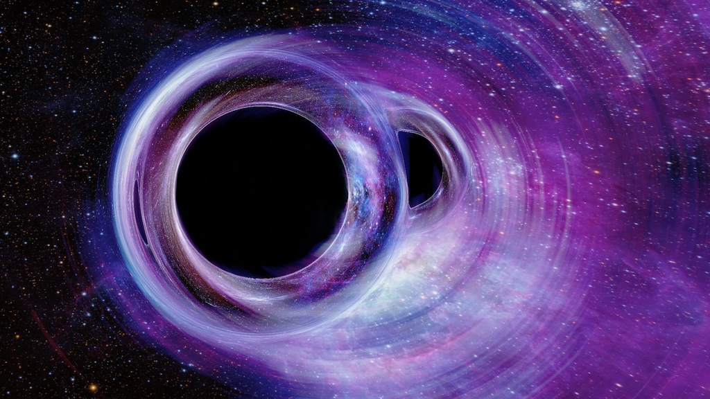 Illustration showing a binary black hole close to merger
in front of the Tarantula Nebula.
Please see the explanation for more detailed information.