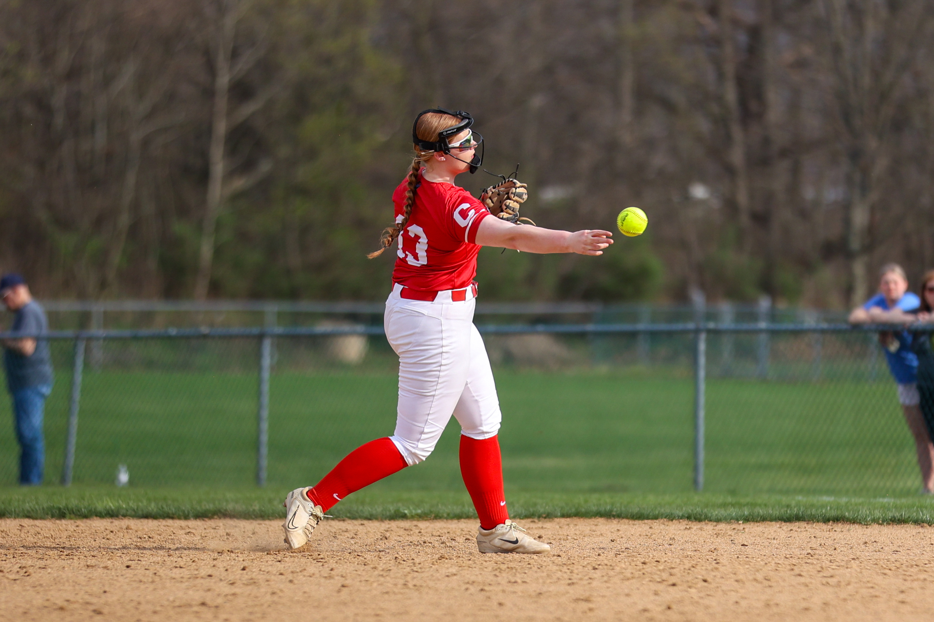 Crestwood’s Kayla Sinavage makes a throw to first during a...