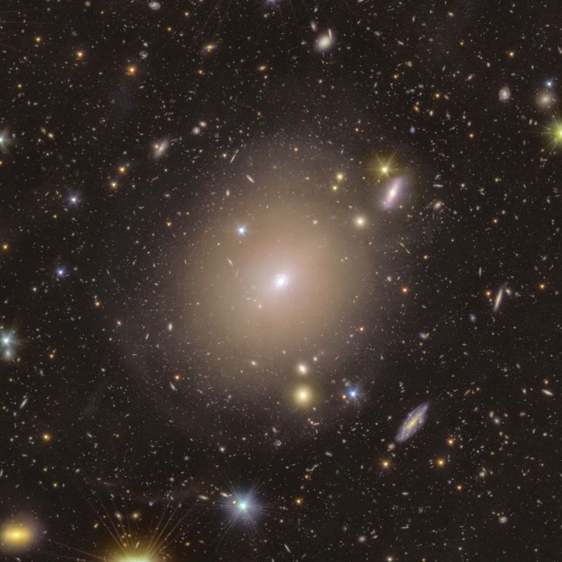 Many small galaxies and one large, fuzzy almost circular one with a tiny, glowing ring around its bright center.