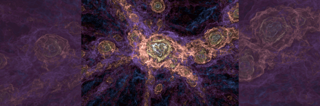 A visualisation of the most massive cluster in the simulation of a cube. Blue, purple, yellow and white colours swirl against a dark blue back drop.