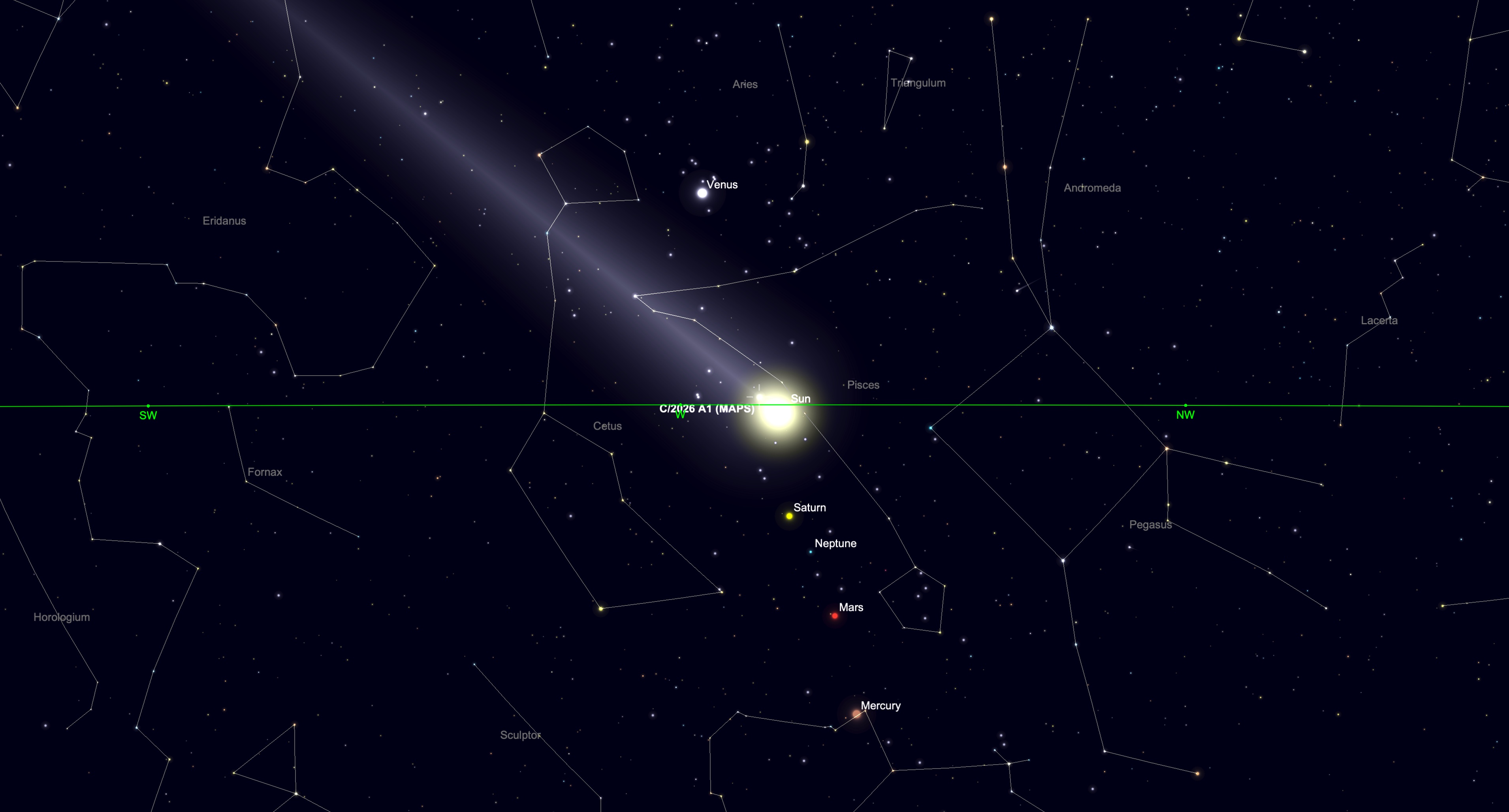 A simulation of the night sky showing the location of the comet C/2026 A1 (MAPS) in the constellation Pisces with Saturn, Neptune, Mars and Mercury arrayed in a line below.
