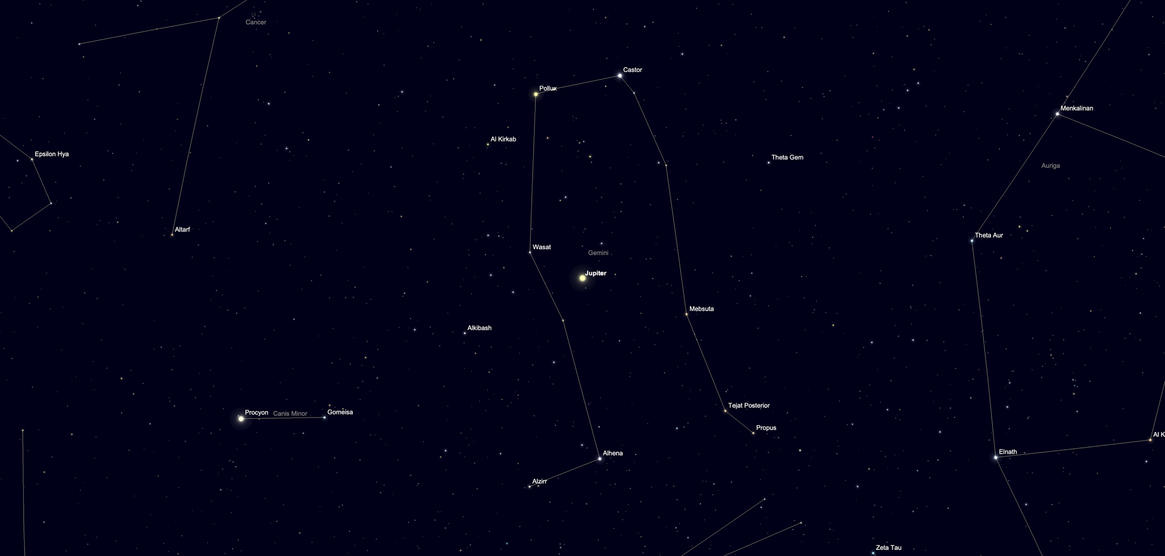A simulation of the night sky for April 29 showing the full moon below Spica, the brightest star in the constellation Virgo. The stars of major constellations are connected by white lines in a black sky dotted with lesser stars.