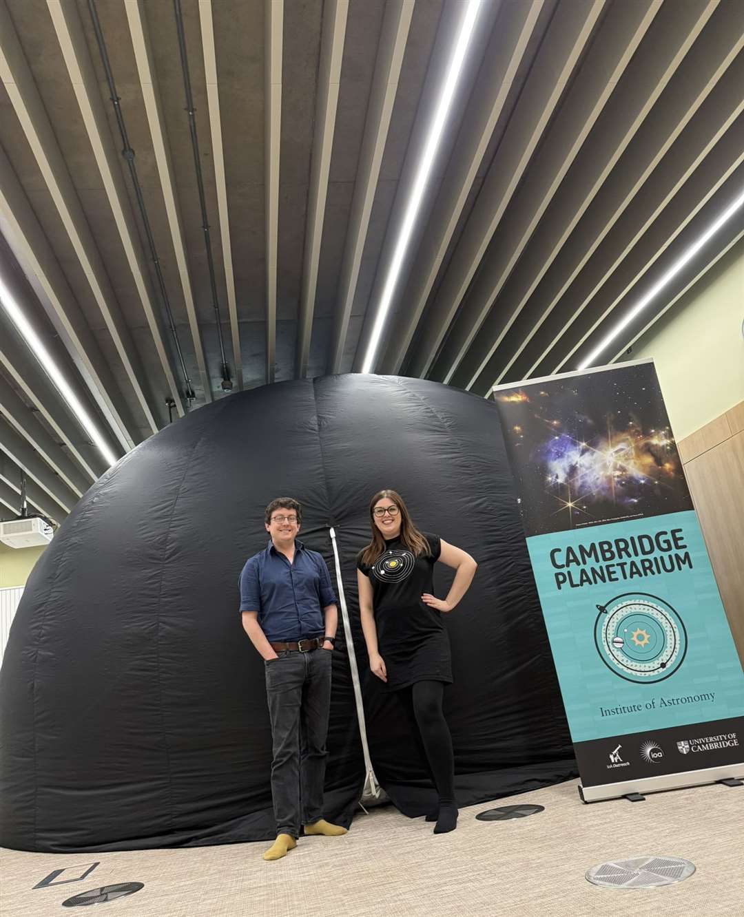 The University of Cambridge has launched a new ‘universe in a box’ planetarium. Pictured are Dr Matt Bothwell and Dr Hannah Strathern