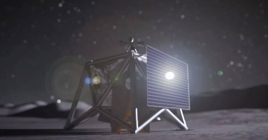 A concept image of a MoonFall drone "hopping" across the rocky lunar south pole to scout for future human landing sites.