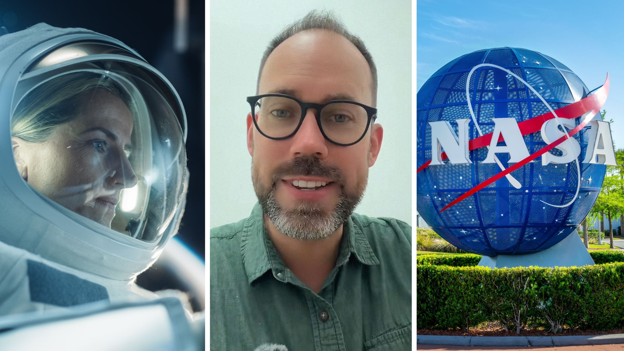 astronaut on a mission (l) man has doubts of NASA (c) NASA logo (r)