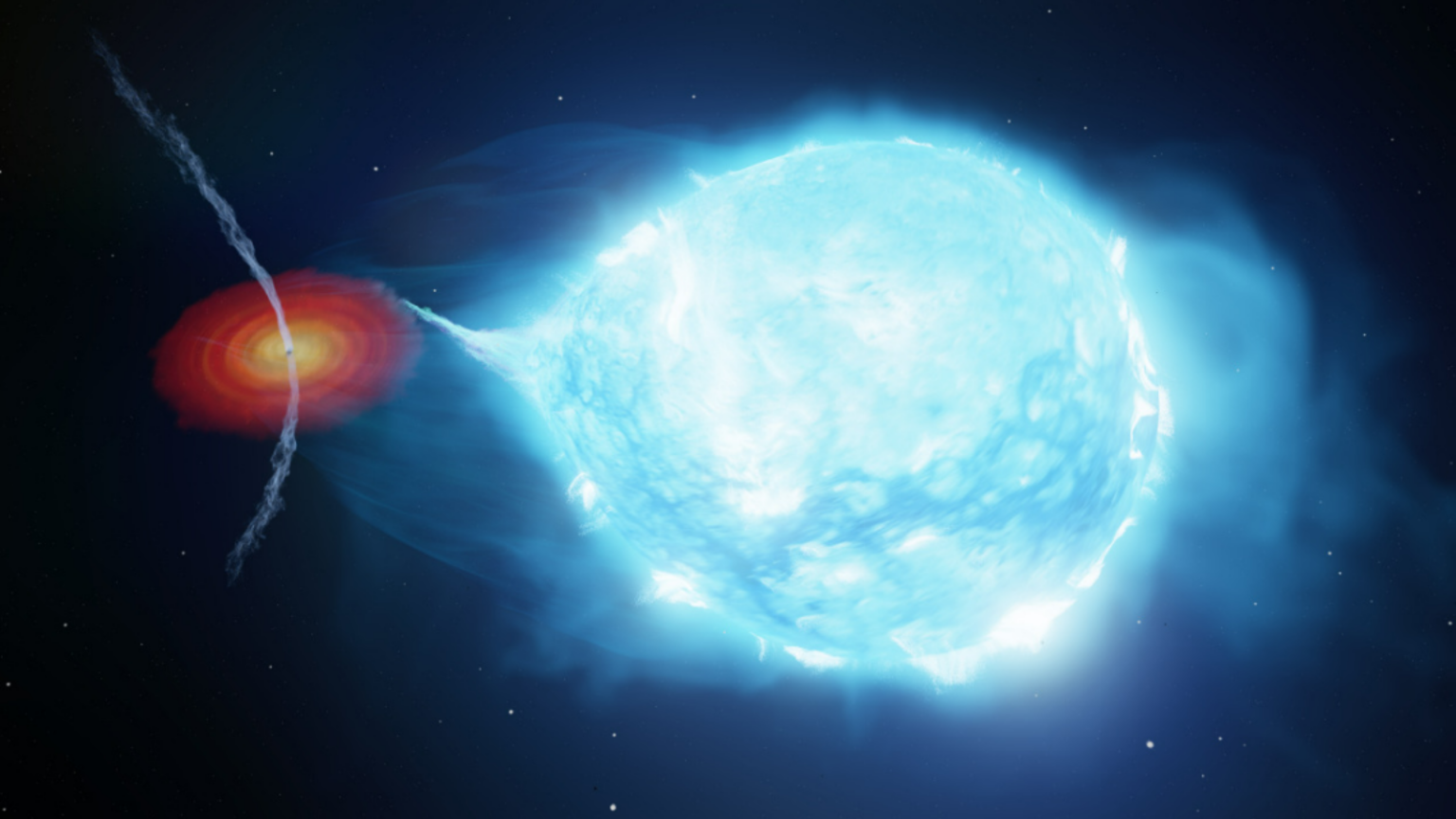 Jets erupting from a cannibalistic black hole have the power of 10,000 suns The strong stellar wind from the supergiant starpushes the jets launched by the black hole away from the star.