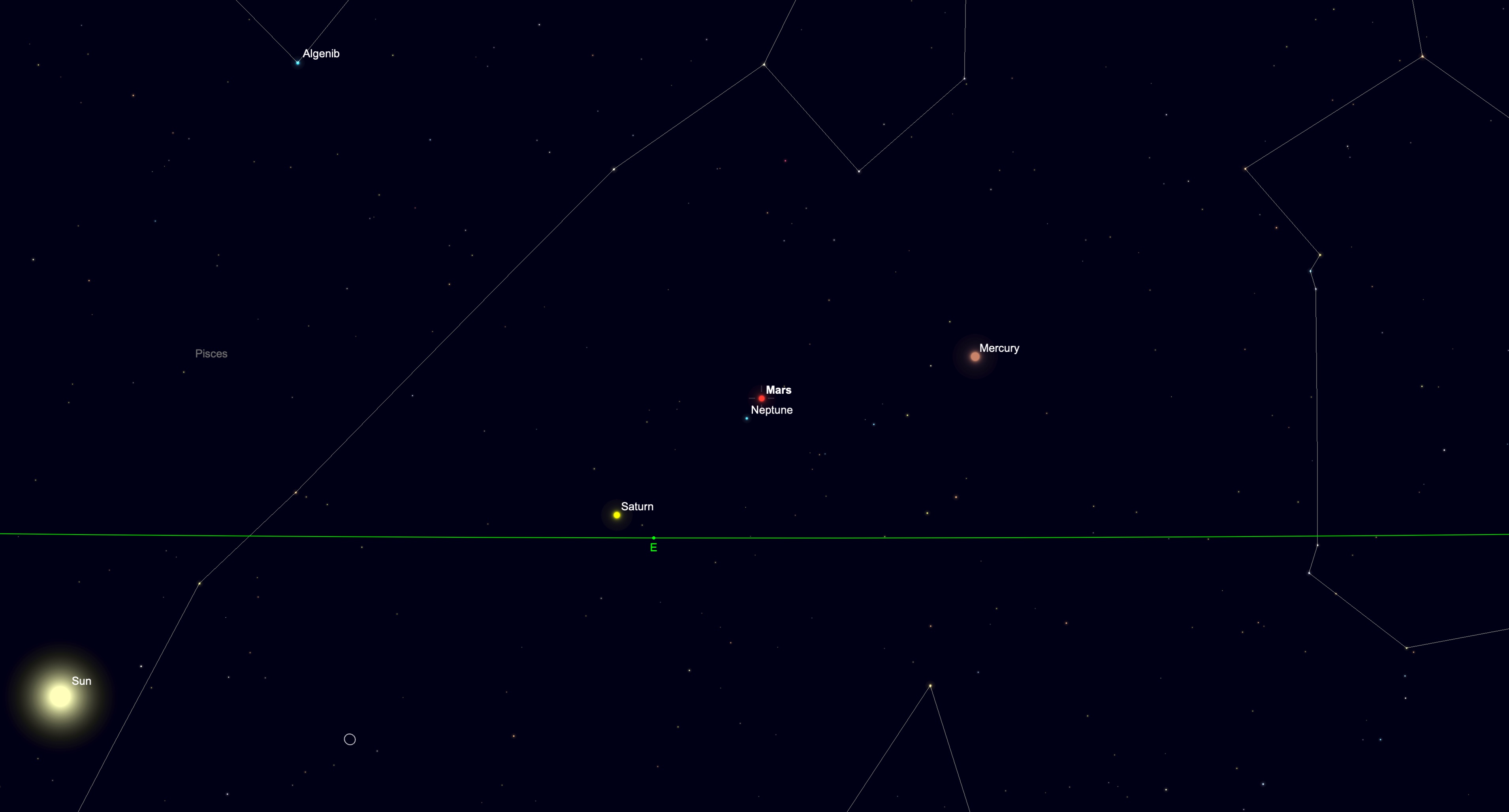 A simulation of the night sky for April 12 showing the sun to the bottom left of the image with Saturn above the eastern horizon. Neptune is labelled close to the red light of Mars to the right of Saturn, with Mercury visible to the right of the screen. The stars of major constellations are connected by white lines in a black sky dotted with lesser stars.