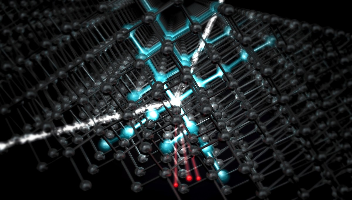 SuperCMDS will hunt for dark matter candidates such as weakly interacting massive particles (WIMPs). If a dark matter particle (white trace) strikes an atom inside the detector’s crystal lattice (gray), it will cause the crystal lattice to vibrate (blue). The collision will also send electrons (red) through the crystal that add an additional detection channel.