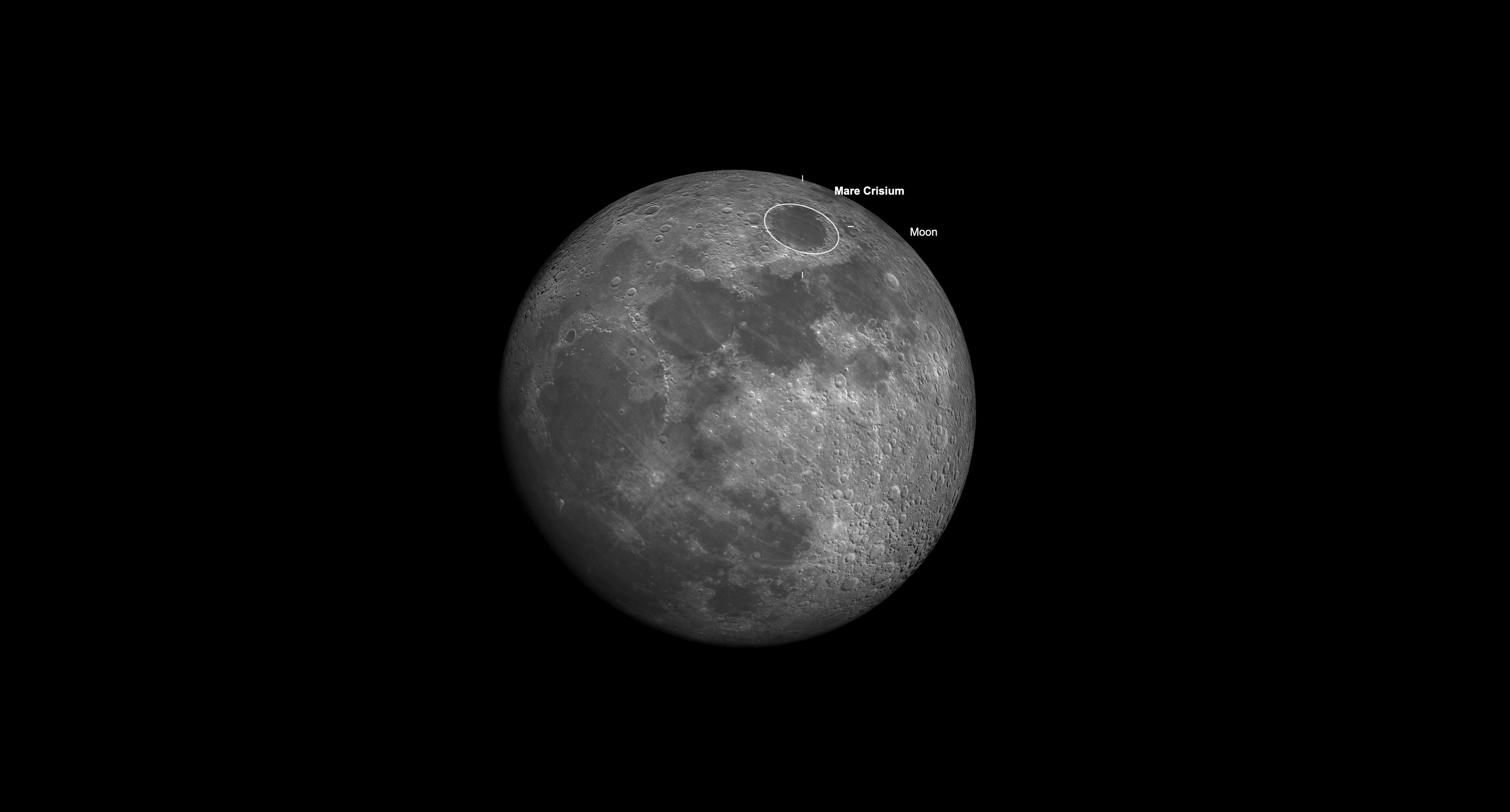 A picture of a near-full moon on April 28 showing the location of Mare Crisium, the sea of Crisis on the upper right of the lunar disk in a black sky.