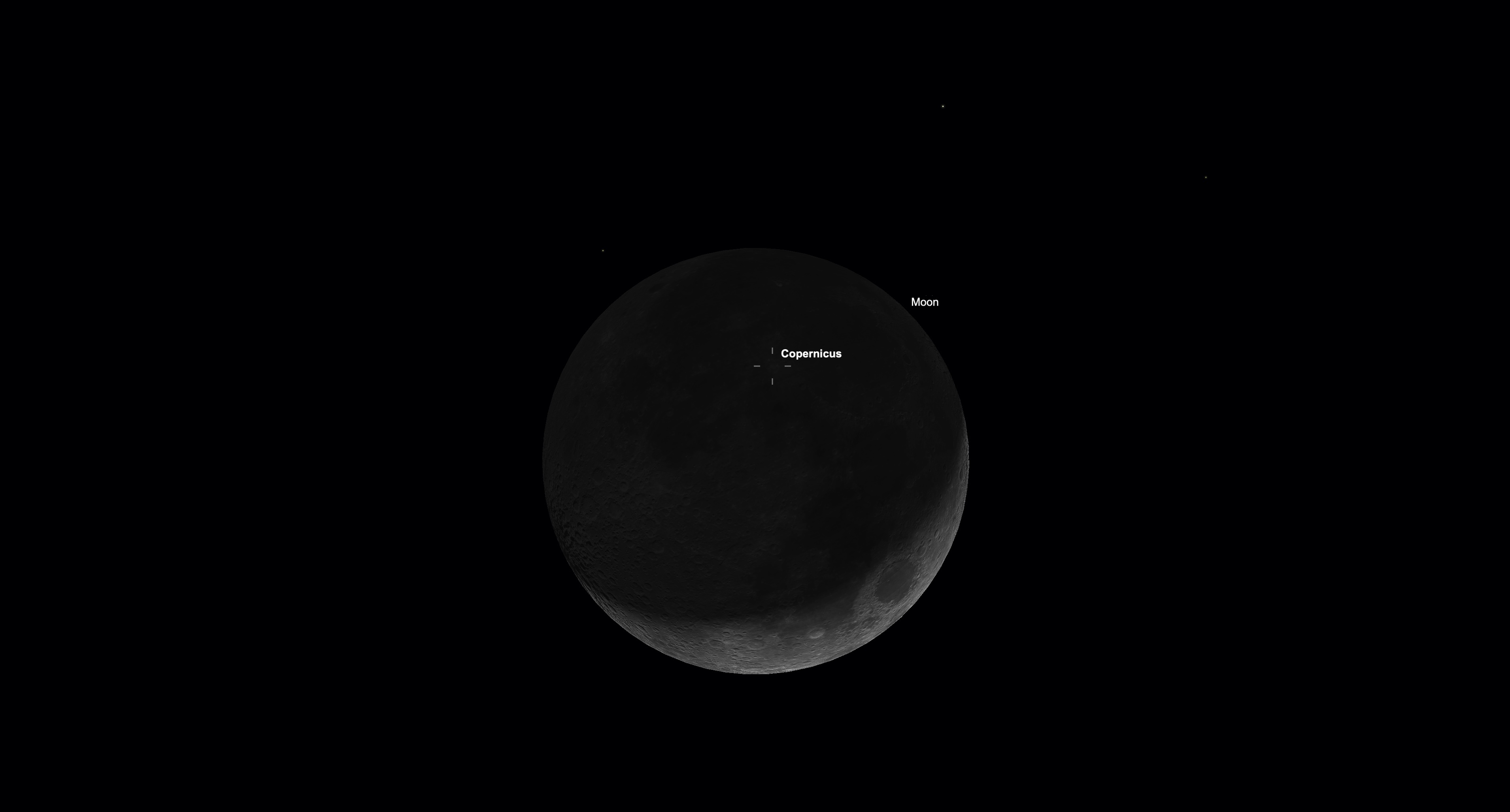 A thin crescent moon is shown in a black sky, with the location of the Copernicus crater indicated with a crosshair.