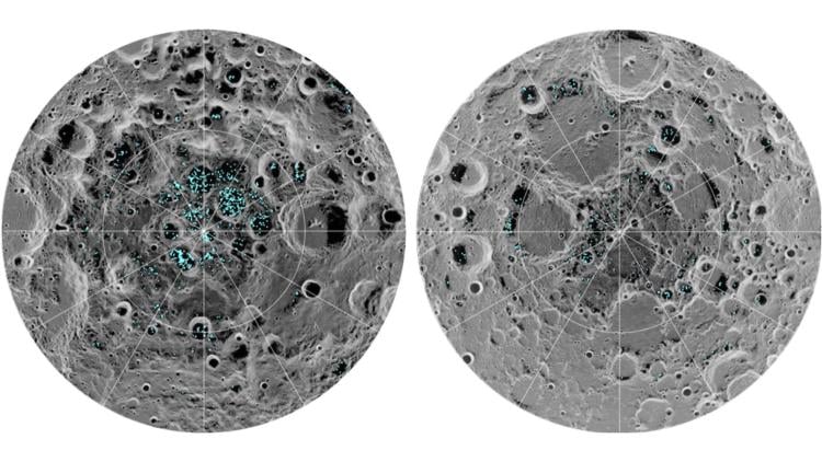 The locations of ice, in blue, at the moon's South Pole, left, and North Pole, right, as detected by the Chandrayaan-1 spacecraft. Credit: NASA