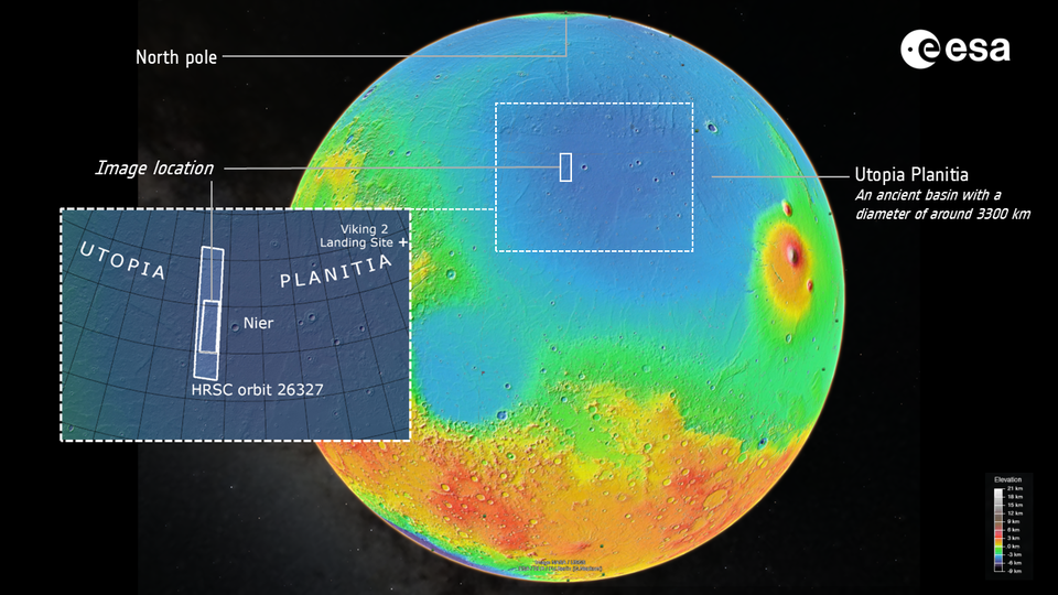 Broader view of the patch of Mars shown in the main image, which lies within the Utopia Planitia basin
