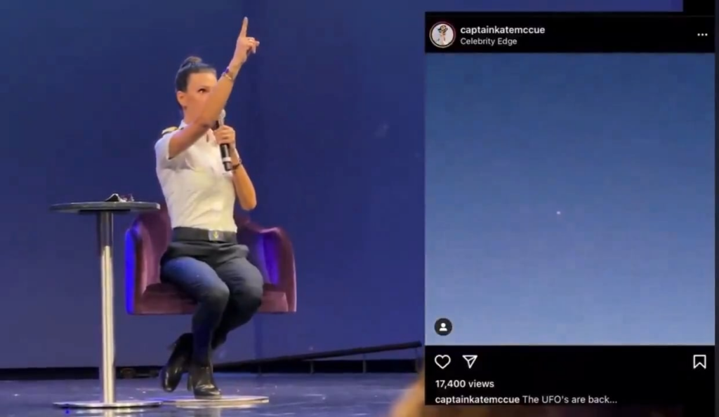 In 2020, cruise ship captain Kate McCue reported a silent, black, jellyfish-shaped UFO moving 10–15 mph against the wind over her vessel, and passed through its centerline before descending into the ocean at sunset.