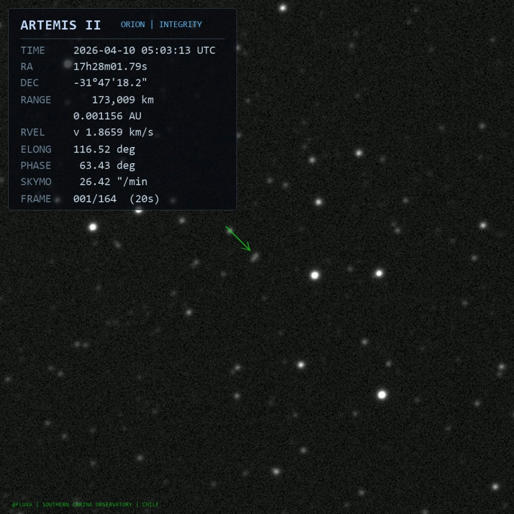 Artemis II on its way home from the Moon — v2 reprocess with trajectory overlay and tracking crop [OC]