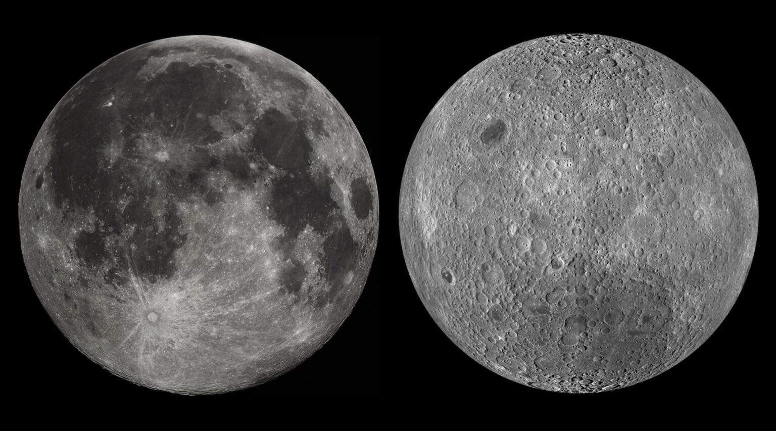 Lunar dichotomy - the moon's nearside and farside, side by side.