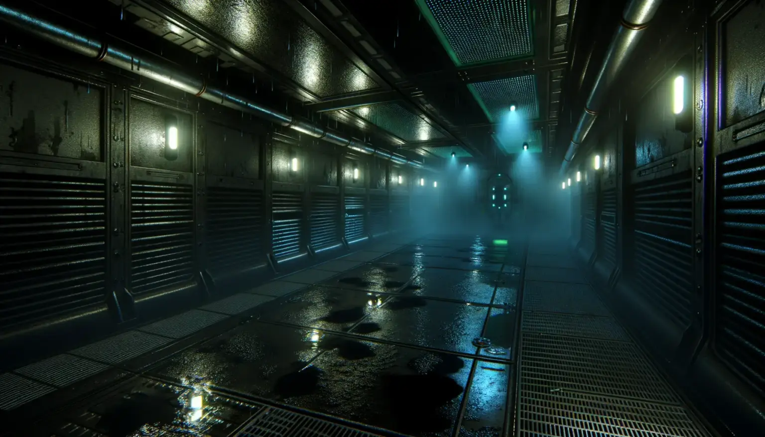 Dark rainy industrial space colony corridor with emergency lighting and atmospheric fog