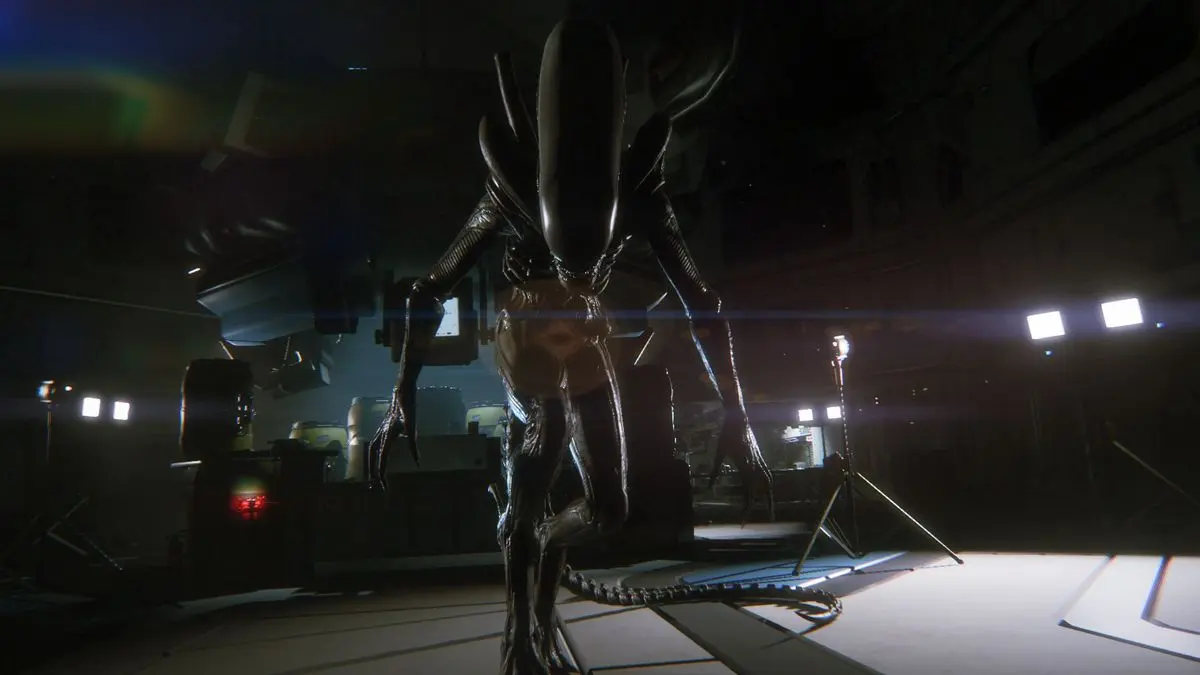 A detailed rendering of an alien creature in a dark, industrial environment.