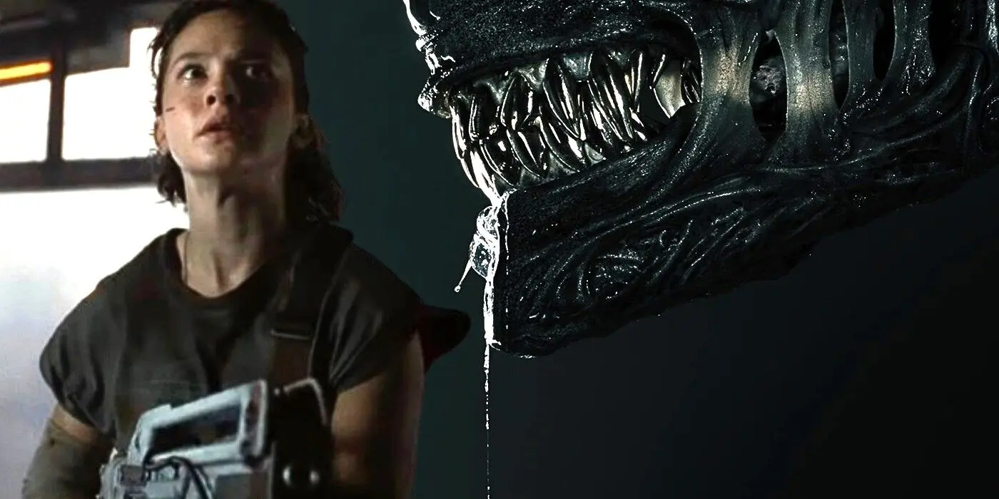 A young woman looks alarmed next to a large, menacing xenomorph creature's head.