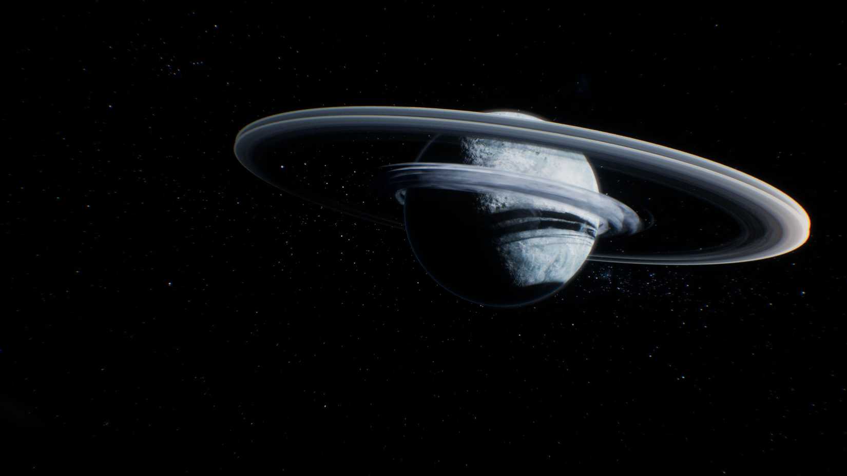 The planet Persephone with two rings in a screenshot from the space adventure game Aphelion