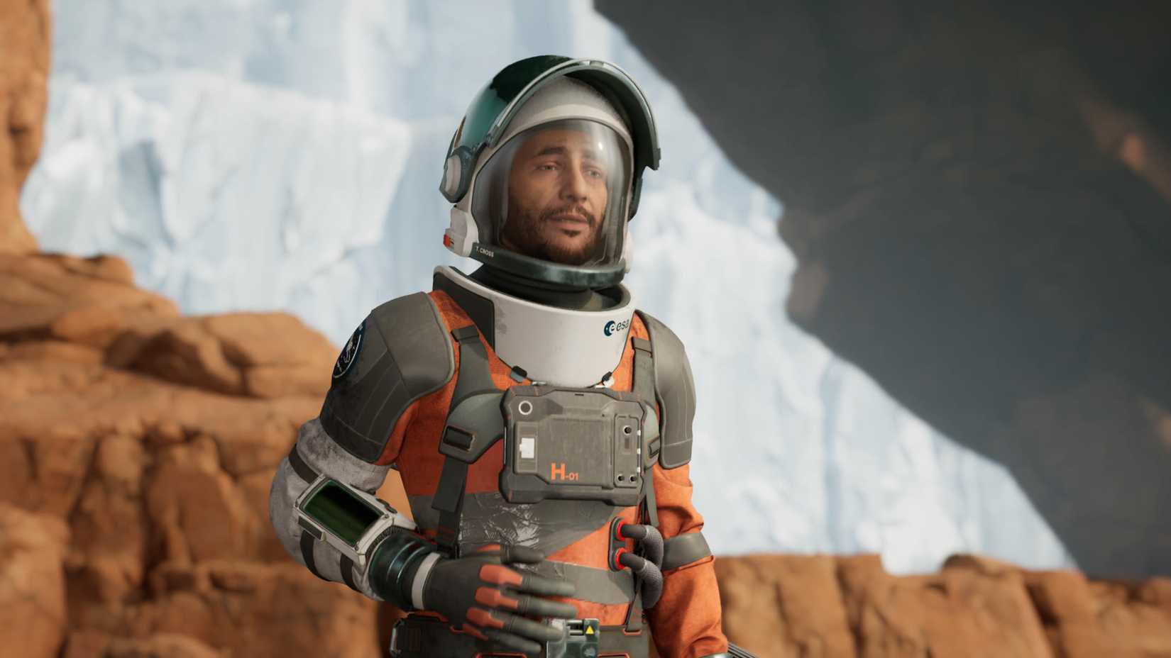 ESA astronaut Thomas holds his wound in a screenshot from the space adventure game Aphelion