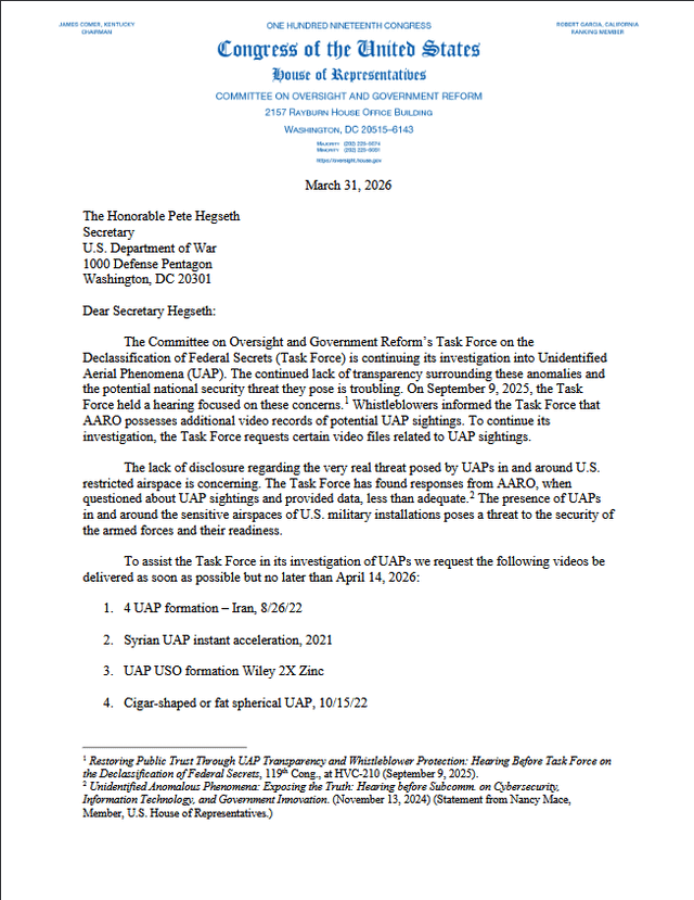Congress just sent the DoD a letter demanding 46 specific UAP videos by April 14th