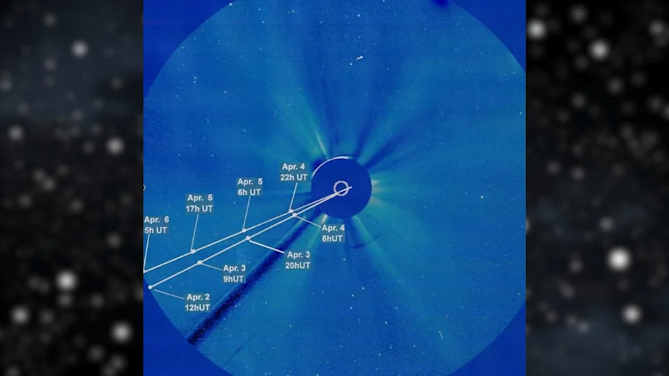 graphic showing the possible location of comet maps as viewed from SOHO.